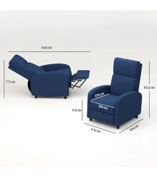 Sillón Relax Reclinable hasta 160° Sofá Reclinable Moderno con Reposapiés Soporta hasta 120 kg 64x86x102 cm Azul Oscuro