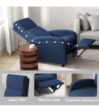 Sillón Relax Reclinable hasta 160° Sofá Reclinable Moderno con Reposapiés Soporta hasta 120 kg 64x86x102 cm Azul Oscuro