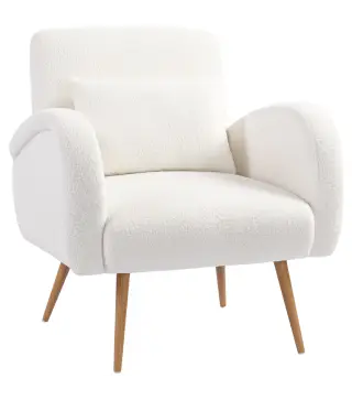 Sillón de Salón de Tela Teddy con Cojín Lumbar Desmontable Patas de Metal con Efecto Madera para Dormitorio Crema