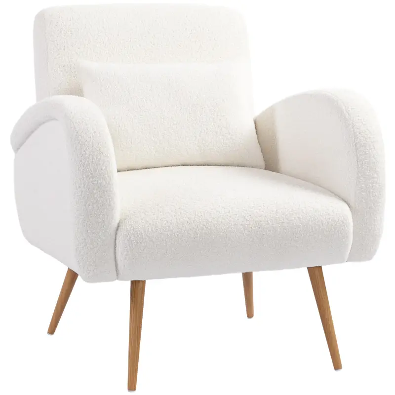 Sillón de Salón de Tela Teddy con Cojín Lumbar Desmontable Patas de Metal con Efecto Madera para Dormitorio Crema Sillón de Salón de Tela Teddy con Cojín Lumbar Desmontable Patas de Metal con Efecto Madera para Dormitorio Crema