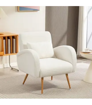 Sillón de Salón de Tela Teddy con Cojín Lumbar Desmontable Patas de Metal con Efecto Madera para Dormitorio Crema