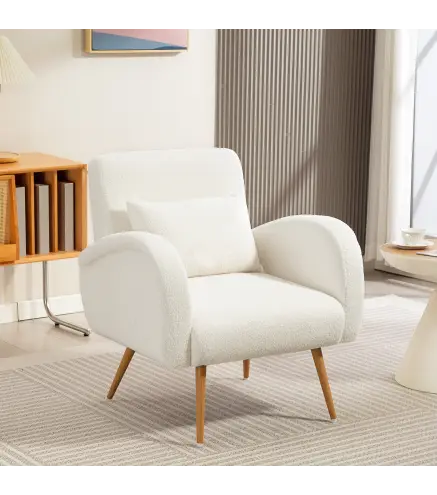 Sillón de Salón de Tela Teddy con Cojín Lumbar Desmontable Patas de Metal con Efecto Madera para Dormitorio Crema