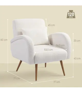 Sillón de Salón de Tela Teddy con Cojín Lumbar Desmontable Patas de Metal con Efecto Madera para Dormitorio Crema