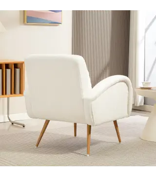 Sillón de Salón de Tela Teddy con Cojín Lumbar Desmontable Patas de Metal con Efecto Madera para Dormitorio Crema