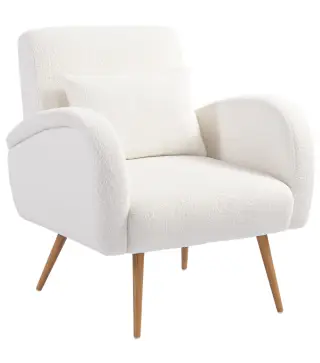 Sillón de Salón de Tela Teddy con Cojín Lumbar Desmontable Patas de Metal con Efecto Madera para Dormitorio Crema