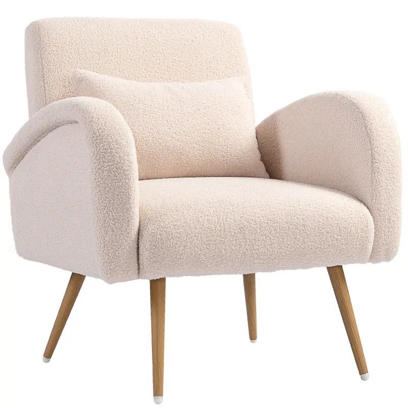 Sillón de Salón de Tela Teddy con Cojín Lumbar Desmontable Patas de Metal con Efecto Madera para Dormitorio Beige Sillón de Salón de Tela Teddy con Cojín Lumbar Desmontable Patas de Metal con Efecto Madera para Dormitorio Beige