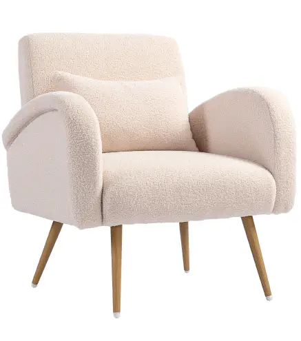 Sillón de Salón de Tela Teddy con Cojín Lumbar Desmontable Patas de Metal con Efecto Madera para Dormitorio Beige