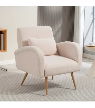 Sillón de Salón de Tela Teddy con Cojín Lumbar Desmontable Patas de Metal con Efecto Madera para Dormitorio Beige