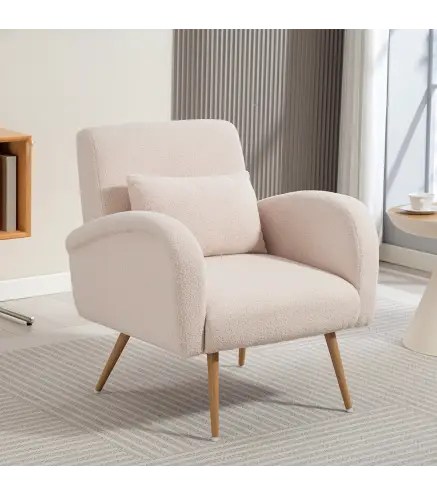 Sillón de Salón de Tela Teddy con Cojín Lumbar Desmontable Patas de Metal con Efecto Madera para Dormitorio Beige