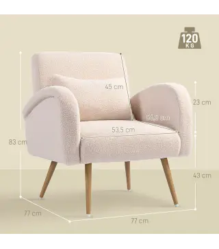 Sillón de Salón de Tela Teddy con Cojín Lumbar Desmontable Patas de Metal con Efecto Madera para Dormitorio Beige