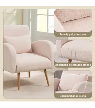 Sillón de Salón de Tela Teddy con Cojín Lumbar Desmontable Patas de Metal con Efecto Madera para Dormitorio Beige