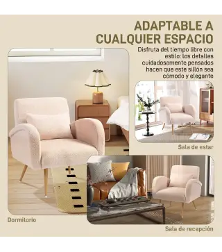 Sillón de Salón de Tela Teddy con Cojín Lumbar Desmontable Patas de Metal con Efecto Madera para Dormitorio Beige