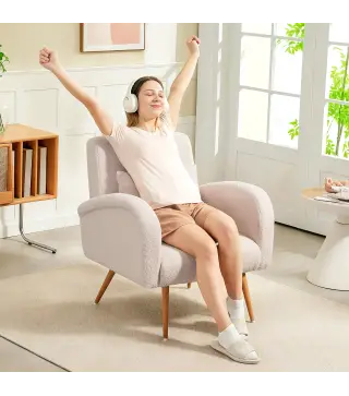 Sillón de Salón de Tela Teddy con Cojín Lumbar Desmontable Patas de Metal con Efecto Madera para Dormitorio Beige