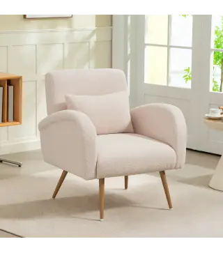 Sillón de Salón de Tela Teddy con Cojín Lumbar Desmontable Patas de Metal con Efecto Madera para Dormitorio Beige