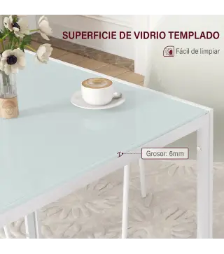 Mesa de Comedor de Cristal Mesa de Cocina Cuadrada para 4 Personas con Patas de Metal para Salón 75x75x75 cm Blanco