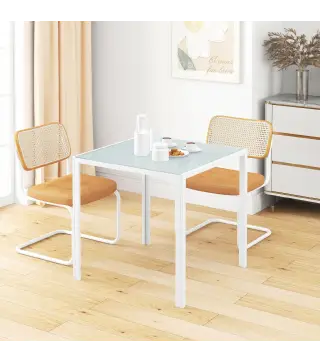 Mesa de Comedor de Cristal Mesa de Cocina Cuadrada para 4 Personas con Patas de Metal para Salón 75x75x75 cm Blanco