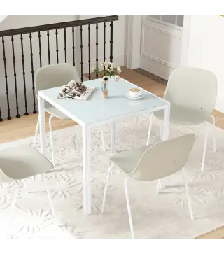 Mesa de Comedor de Cristal Mesa de Cocina Cuadrada para 4 Personas con Patas de Metal para Salón 75x75x75 cm Blanco