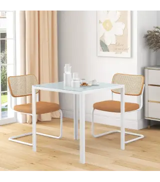Mesa de Comedor de Cristal Mesa de Cocina Cuadrada para 4 Personas con Patas de Metal para Salón 75x75x75 cm Blanco