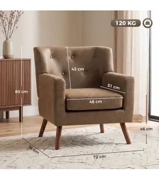 Sillón Relax Sofá Individual de PU Cojín de Asiento con Muelles Respaldo Acolchado Patas de Madera 72x76x80 cm Marrón