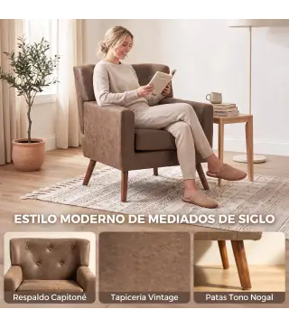 Sillón Relax Sofá Individual de PU Cojín de Asiento con Muelles Respaldo Acolchado Patas de Madera 72x76x80 cm Marrón
