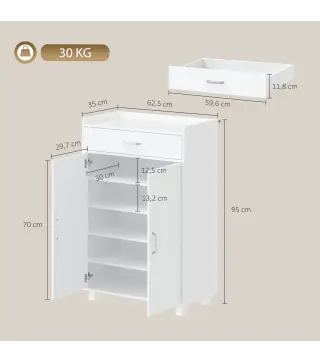 Mueble Zapatero con 1 Cajón y 5 Estantes Armario para Zapatos Estantes Ajustables 12-15 Pares 62,5x35x95 cm Blanco