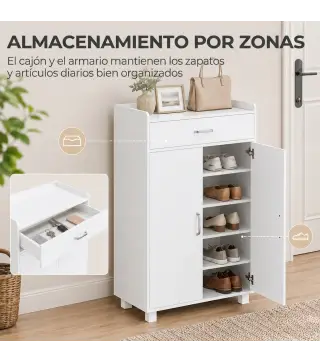 Mueble Zapatero con 1 Cajón y 5 Estantes Armario para Zapatos Estantes Ajustables 12-15 Pares 62,5x35x95 cm Blanco