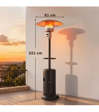 Estufa de Gas Butano 13 kW con Mesa Ø40 cm Regulación Continua del Calor Antivuelco Encendido Piezoeléctrico y Ruedas