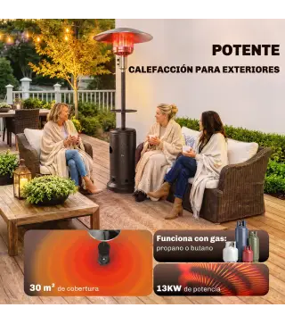 Estufa de Gas Butano 13 kW con Mesa Ø40 cm Regulación Continua del Calor Antivuelco Encendido Piezoeléctrico y Ruedas
