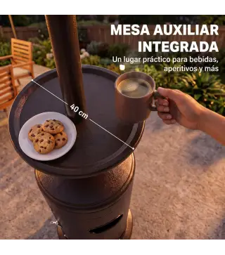 Estufa de Gas Butano 13 kW con Mesa Ø40 cm Regulación Continua del Calor Antivuelco Encendido Piezoeléctrico y Ruedas