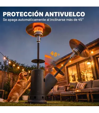 Estufa de Gas Butano 13 kW con Mesa Ø40 cm Regulación Continua del Calor Antivuelco Encendido Piezoeléctrico y Ruedas