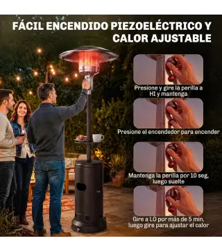 Estufa de Gas Butano 13 kW con Mesa Ø40 cm Regulación Continua del Calor Antivuelco Encendido Piezoeléctrico y Ruedas