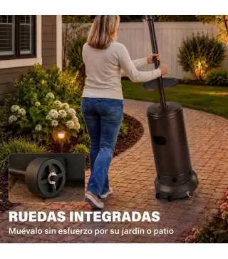 Estufa de Gas Butano 13 kW con Mesa Ø40 cm Regulación Continua del Calor Antivuelco Encendido Piezoeléctrico y Ruedas