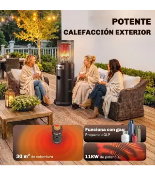 Estufa de Gas para Terraza 11 kW con Regulación Continua Rejilla Protectora Antivuelco y 2 Ruedas Negro