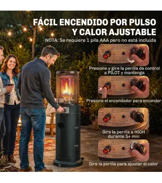 Estufa de Gas para Terraza 11 kW con Regulación Continua Rejilla Protectora Antivuelco y 2 Ruedas Negro