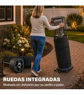 Estufa de Gas para Terraza 11 kW con Regulación Continua Rejilla Protectora Antivuelco y 2 Ruedas Negro