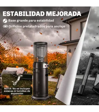 Estufa de Gas para Terraza 11 kW con Regulación Continua Rejilla Protectora Antivuelco y 2 Ruedas Negro