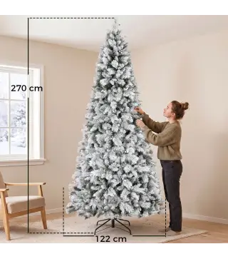 Árbol de Navidad Artificial 270 cm con 1507 Ramas Base Metálica Plegable Montaje Rápido para Salón Interior Blanco