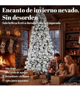 Árbol de Navidad Artificial 270 cm con 1507 Ramas Base Metálica Plegable Montaje Rápido para Salón Interior Blanco