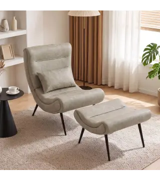 Sillón con Reposapiés Asiento Ancho Cojín Lumbar y Respaldo Curvo Tapizado en Leathaire Patas de Acero Blanco Crema