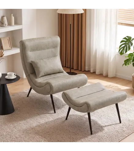 Sillón con Reposapiés Asiento Ancho Cojín Lumbar y Respaldo Curvo Tapizado en Leathaire Patas de Acero Blanco Crema