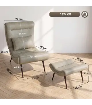 Sillón con Reposapiés Asiento Ancho Cojín Lumbar y Respaldo Curvo Tapizado en Leathaire Patas de Acero Blanco Crema