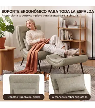 Sillón con Reposapiés Asiento Ancho Cojín Lumbar y Respaldo Curvo Tapizado en Leathaire Patas de Acero Blanco Crema
