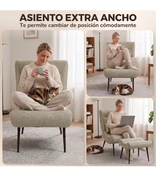 Sillón con Reposapiés Asiento Ancho Cojín Lumbar y Respaldo Curvo Tapizado en Leathaire Patas de Acero Blanco Crema