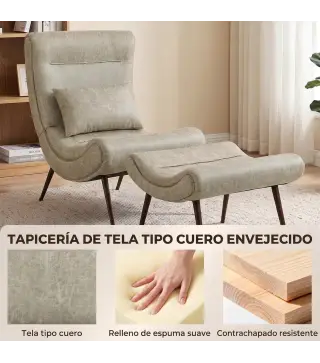 Sillón con Reposapiés Asiento Ancho Cojín Lumbar y Respaldo Curvo Tapizado en Leathaire Patas de Acero Blanco Crema