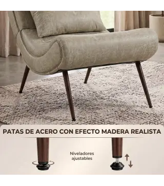Sillón con Reposapiés Asiento Ancho Cojín Lumbar y Respaldo Curvo Tapizado en Leathaire Patas de Acero Blanco Crema
