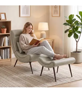 Sillón con Reposapiés Asiento Ancho Cojín Lumbar y Respaldo Curvo Tapizado en Leathaire Patas de Acero Blanco Crema