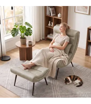 Sillón con Reposapiés Asiento Ancho Cojín Lumbar y Respaldo Curvo Tapizado en Leathaire Patas de Acero Blanco Crema