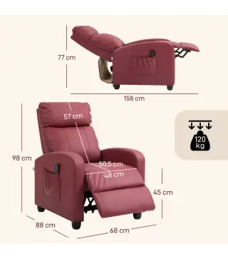 Sillón de Masaje Reclinable con Mando a Distancia Bolsillo Lateral y Temporizador Tapizado en PU 68x88x98cm Rojo Burdeos