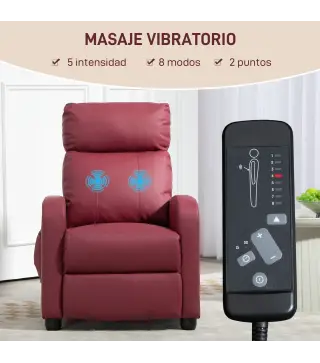 Sillón de Masaje Reclinable con Mando a Distancia Bolsillo Lateral y Temporizador Tapizado en PU 68x88x98cm Rojo Burdeos