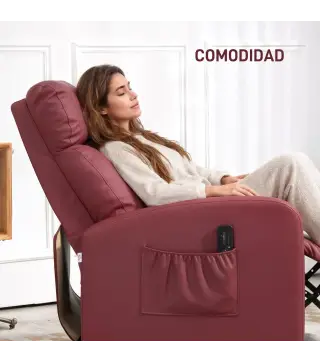 Sillón de Masaje Reclinable con Mando a Distancia Bolsillo Lateral y Temporizador Tapizado en PU 68x88x98cm Rojo Burdeos
